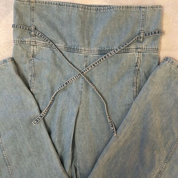 Zara Blue Denim Jean with Paper Bag Waist Wide Legs Size 2 Denim Belt - Picture 1 of 10